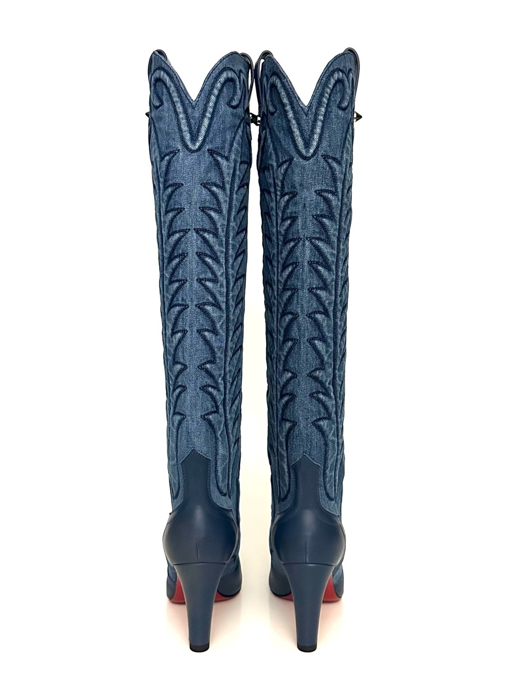 Christian Louboutin Santia 85mm Knee-High Western Boots in Leather and Denim - Picture 4 of 11